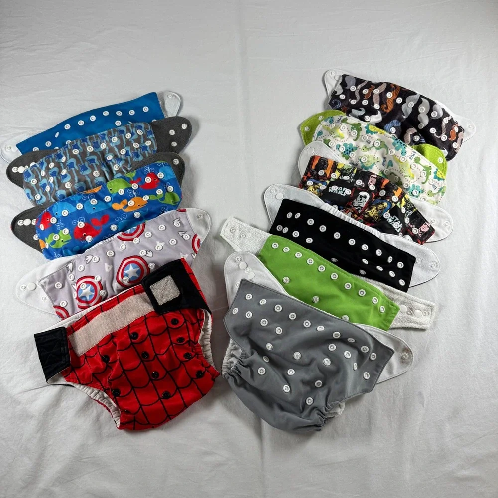 Lot of 11 Alva Baby Multicolor Adjustable Snap Hook & Loop Cloth Diapers
